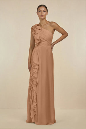 Ruffled One - Shoulder Pleated Sheath Bridesmaid Dress in Bronzer - KissProm Bridesmaid Dresses