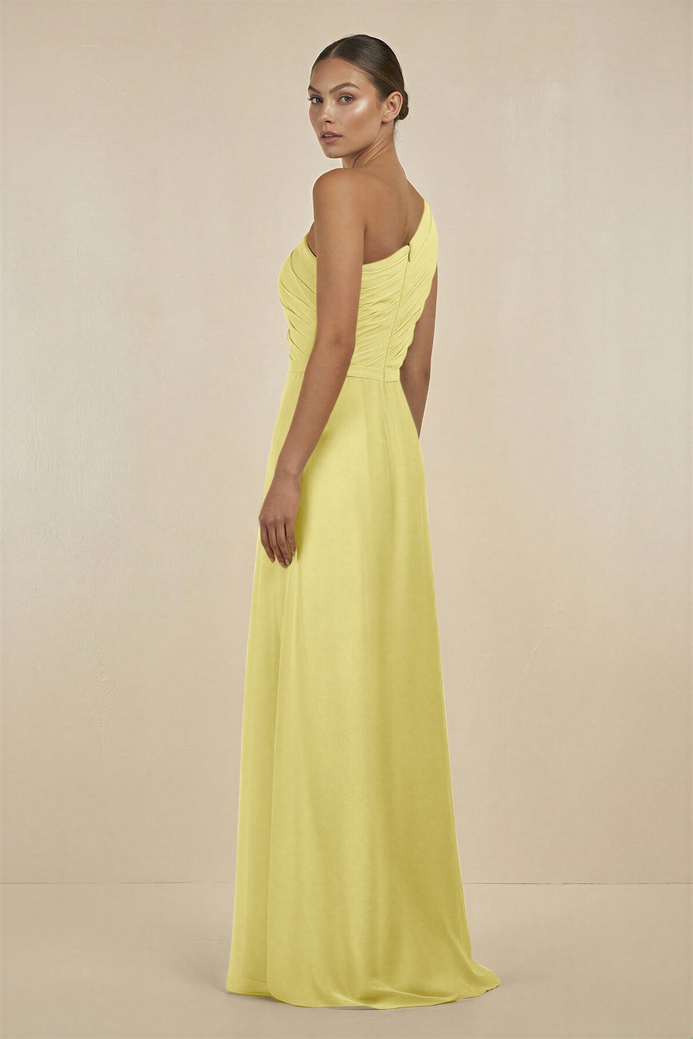 Ruffled One - Shoulder Pleated Sheath Bridesmaid Dress in Buttercup - KissProm Bridesmaid Dresses