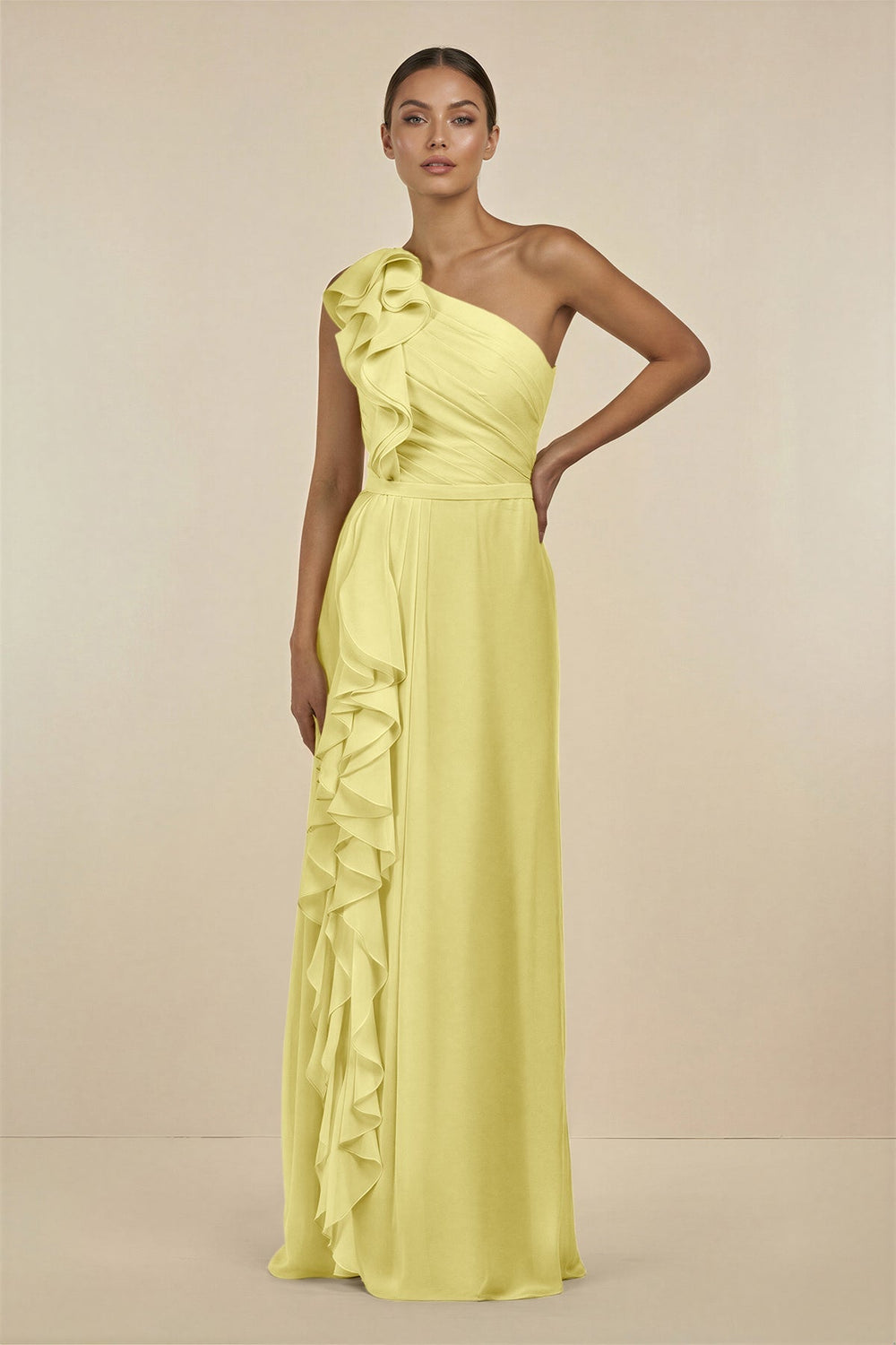 Ruffled One - Shoulder Pleated Sheath Bridesmaid Dress in Buttercup - KissProm Bridesmaid Dresses