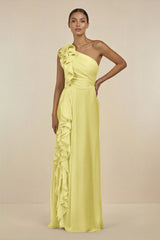 Ruffled One - Shoulder Pleated Sheath Bridesmaid Dress in Buttercup - KissProm Bridesmaid Dresses