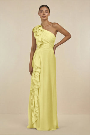 Ruffled One - Shoulder Pleated Sheath Bridesmaid Dress in Buttercup - KissProm Bridesmaid Dresses