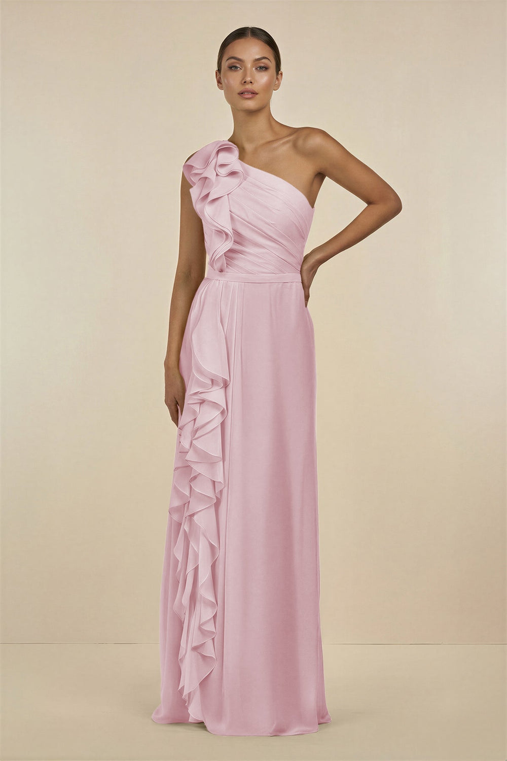 Ruffled One - Shoulder Pleated Sheath Bridesmaid Dress in Candy Pink - KissProm Bridesmaid Dresses