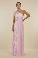 Ruffled One - Shoulder Pleated Sheath Bridesmaid Dress in Candy Pink - KissProm Bridesmaid Dresses