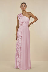 Ruffled One - Shoulder Pleated Sheath Bridesmaid Dress in Candy Pink - KissProm Bridesmaid Dresses