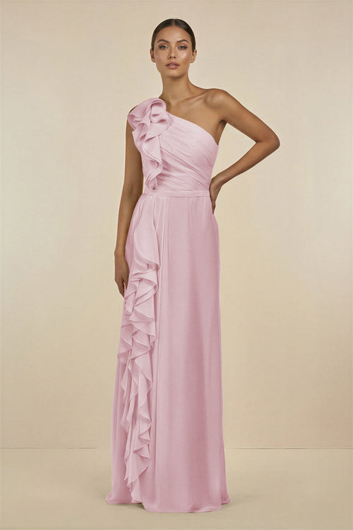 Ruffled One - Shoulder Pleated Sheath Bridesmaid Dress in Candy Pink - KissProm Bridesmaid Dresses
