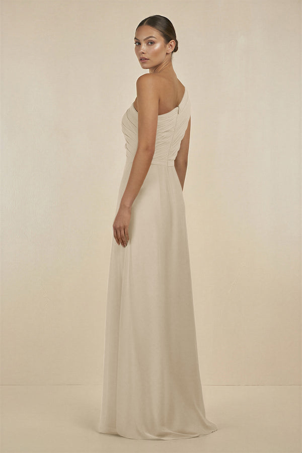 KissProm Ruffled One-Shoulder Pleated Sheath Bridesmaid Dress in Champagne, Champagne / 14