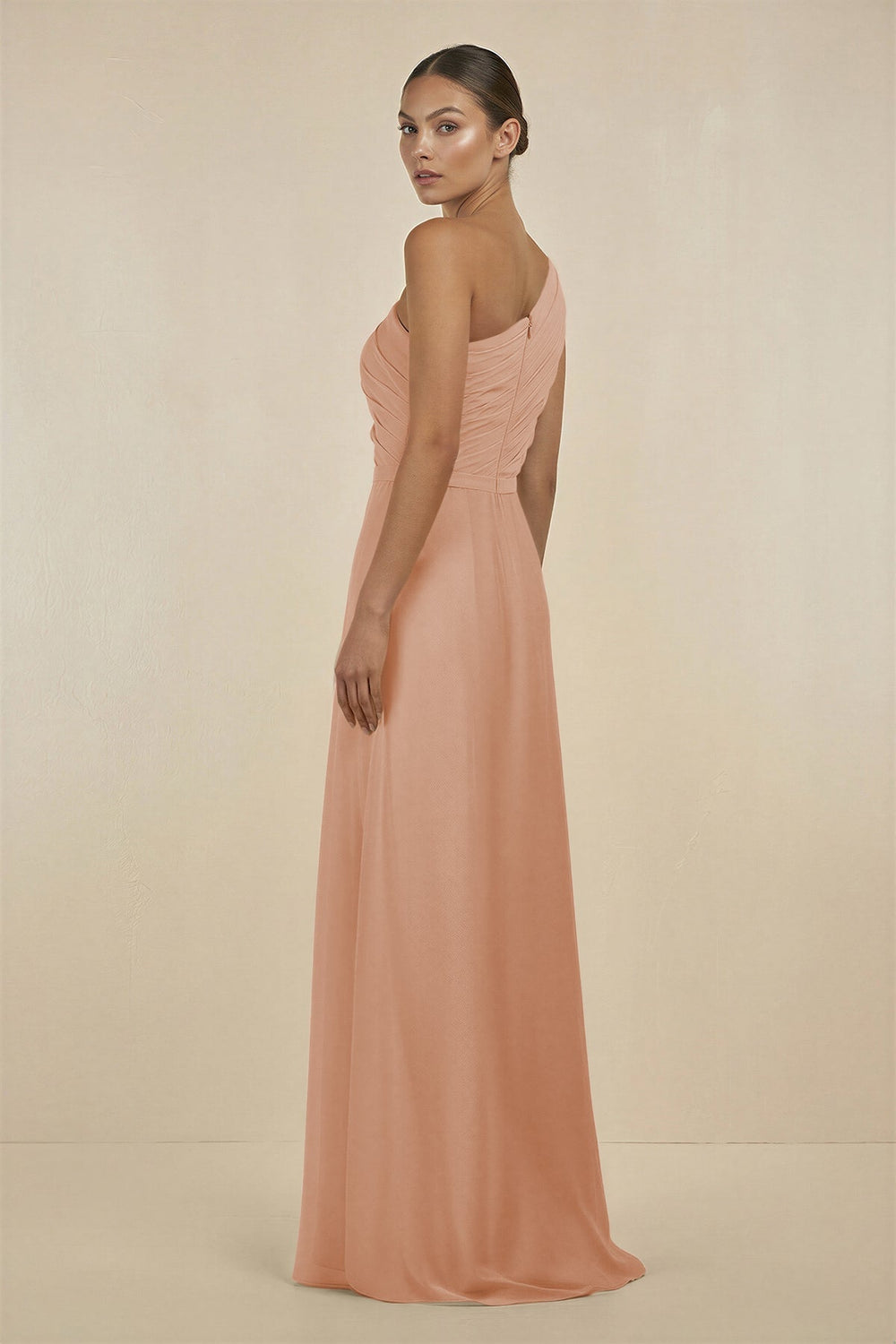 Ruffled One - Shoulder Pleated Sheath Bridesmaid Dress in Champagne Rose - KissProm Bridesmaid Dresses