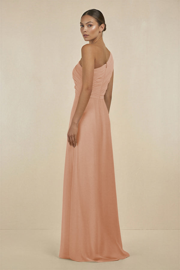 Ruffled One - Shoulder Pleated Sheath Bridesmaid Dress in Champagne Rose - KissProm Bridesmaid Dresses