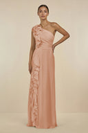 Ruffled One - Shoulder Pleated Sheath Bridesmaid Dress in Champagne Rose - KissProm Bridesmaid Dresses
