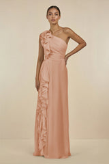 Ruffled One - Shoulder Pleated Sheath Bridesmaid Dress in Champagne Rose - KissProm Bridesmaid Dresses