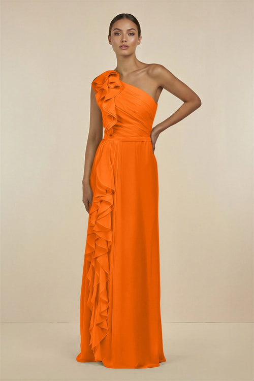 Ruffled One - Shoulder Pleated Sheath Bridesmaid Dress in Cinnamon - KissProm Bridesmaid Dresses