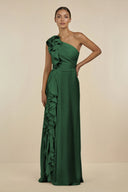 Ruffled One - Shoulder Pleated Sheath Bridesmaid Dress in Dark Green - KissProm Bridesmaid Dresses