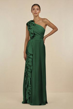 Ruffled One - Shoulder Pleated Sheath Bridesmaid Dress in Dark Green - KissProm Bridesmaid Dresses
