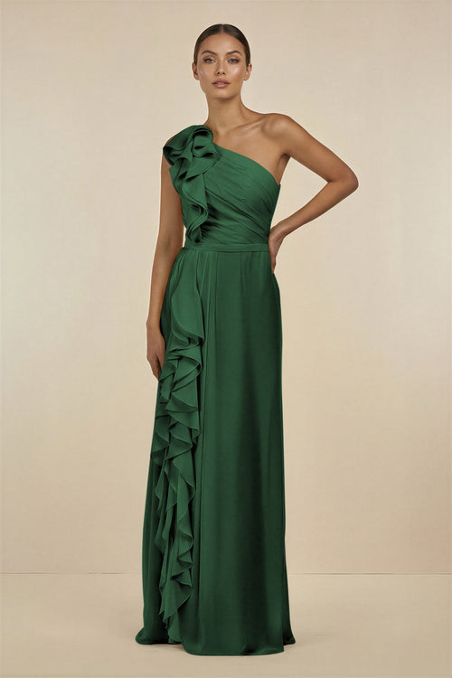 KissProm | Bridesmaid Dress with Ruffled Shoulder in Dark Green