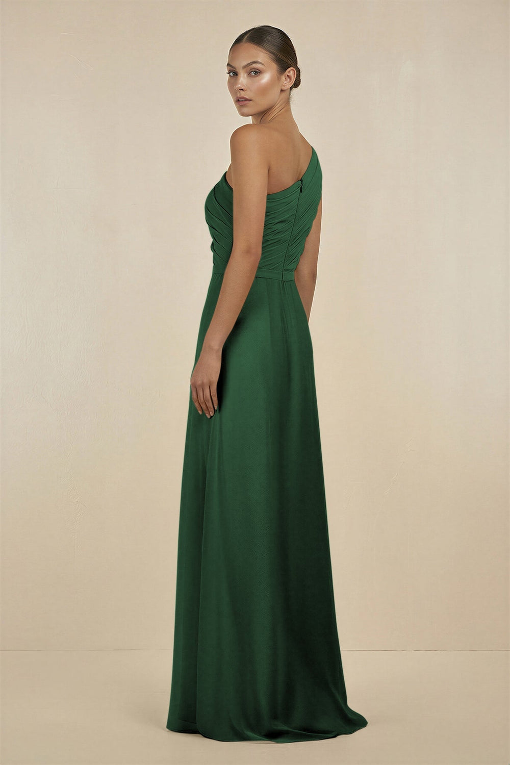 Ruffled One - Shoulder Pleated Sheath Bridesmaid Dress in Dark Green - KissProm Bridesmaid Dresses