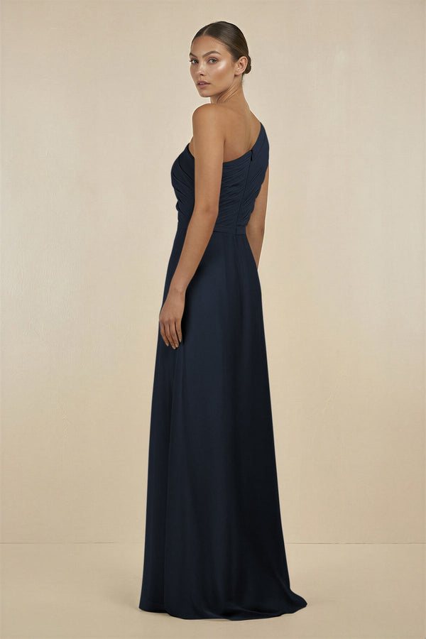 KissProm Ruffled One-Shoulder Pleated Sheath Bridesmaid Dress in Dark Navy, Dark Navy / 24