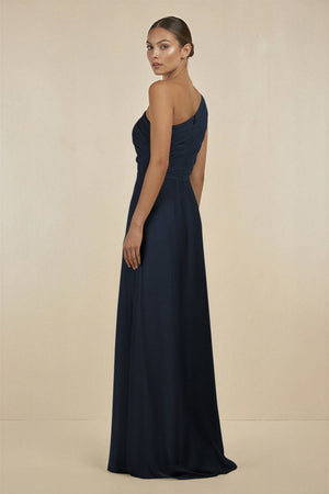 Ruffled One - Shoulder Pleated Sheath Bridesmaid Dress in Dark Navy - KissProm Bridesmaid Dresses