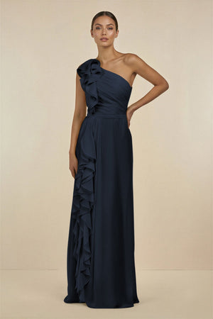 Ruffled One - Shoulder Pleated Sheath Bridesmaid Dress in Dark Navy - KissProm Bridesmaid Dresses