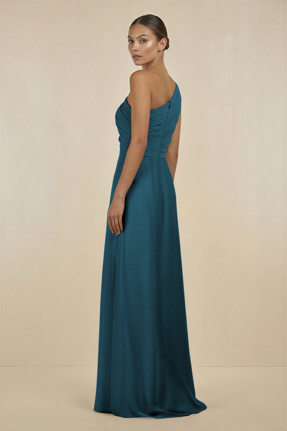 Ruffled One - Shoulder Pleated Sheath Bridesmaid Dress in Dark Teal - KissProm Bridesmaid Dresses