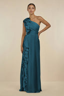 Ruffled One - Shoulder Pleated Sheath Bridesmaid Dress in Dark Teal - KissProm Bridesmaid Dresses