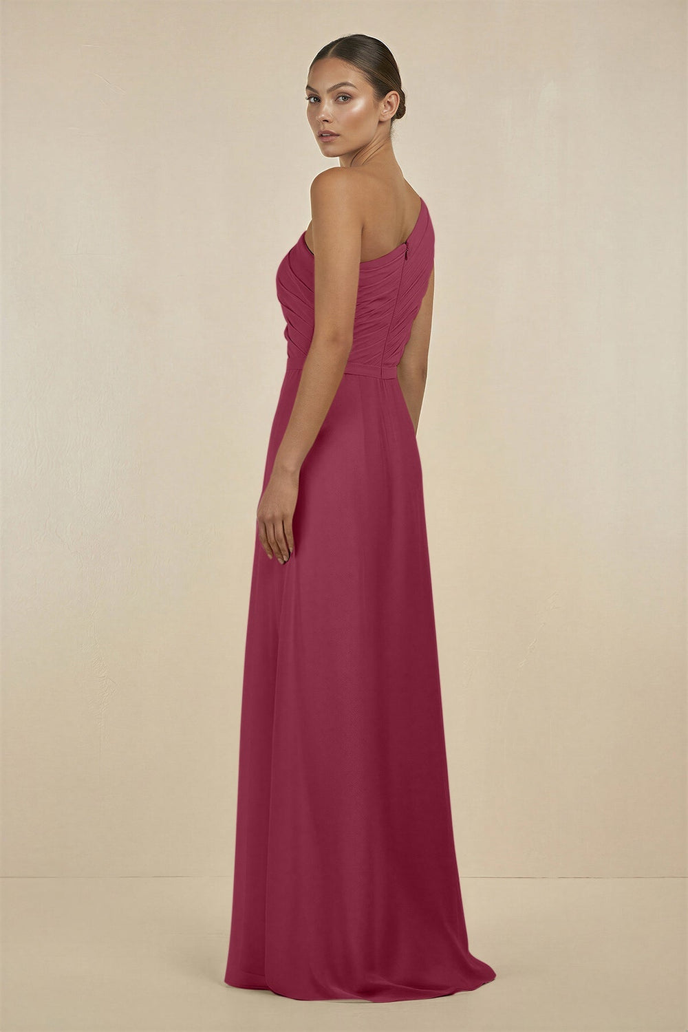 Ruffled One - Shoulder Pleated Sheath Bridesmaid Dress in Desert Rose - KissProm Bridesmaid Dresses