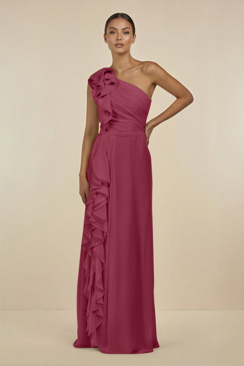 Ruffled One - Shoulder Pleated Sheath Bridesmaid Dress in Desert Rose - KissProm Bridesmaid Dresses