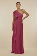 Ruffled One - Shoulder Pleated Sheath Bridesmaid Dress in Desert Rose - KissProm Bridesmaid Dresses