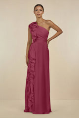 Ruffled One - Shoulder Pleated Sheath Bridesmaid Dress in Desert Rose - KissProm Bridesmaid Dresses