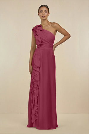 Ruffled One - Shoulder Pleated Sheath Bridesmaid Dress in Desert Rose - KissProm Bridesmaid Dresses