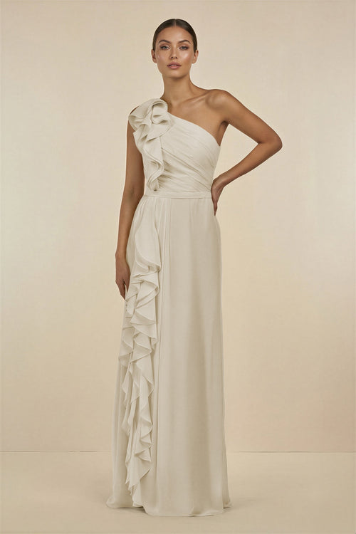 Ruffled One - Shoulder Pleated Sheath Bridesmaid Dress in Dove Gray - KissProm Bridesmaid Dresses