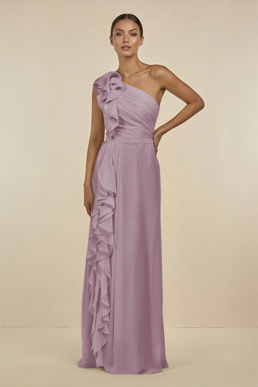Ruffled One - Shoulder Pleated Sheath Bridesmaid Dress in Dusk - KissProm Bridesmaid Dresses