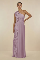 Ruffled One - Shoulder Pleated Sheath Bridesmaid Dress in Dusk - KissProm Bridesmaid Dresses