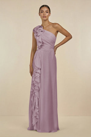 Ruffled One - Shoulder Pleated Sheath Bridesmaid Dress in Dusk - KissProm Bridesmaid Dresses