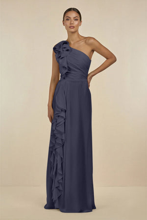 Ruffled One - Shoulder Pleated Sheath Bridesmaid Dress in Dusk Blue - KissProm Bridesmaid Dresses