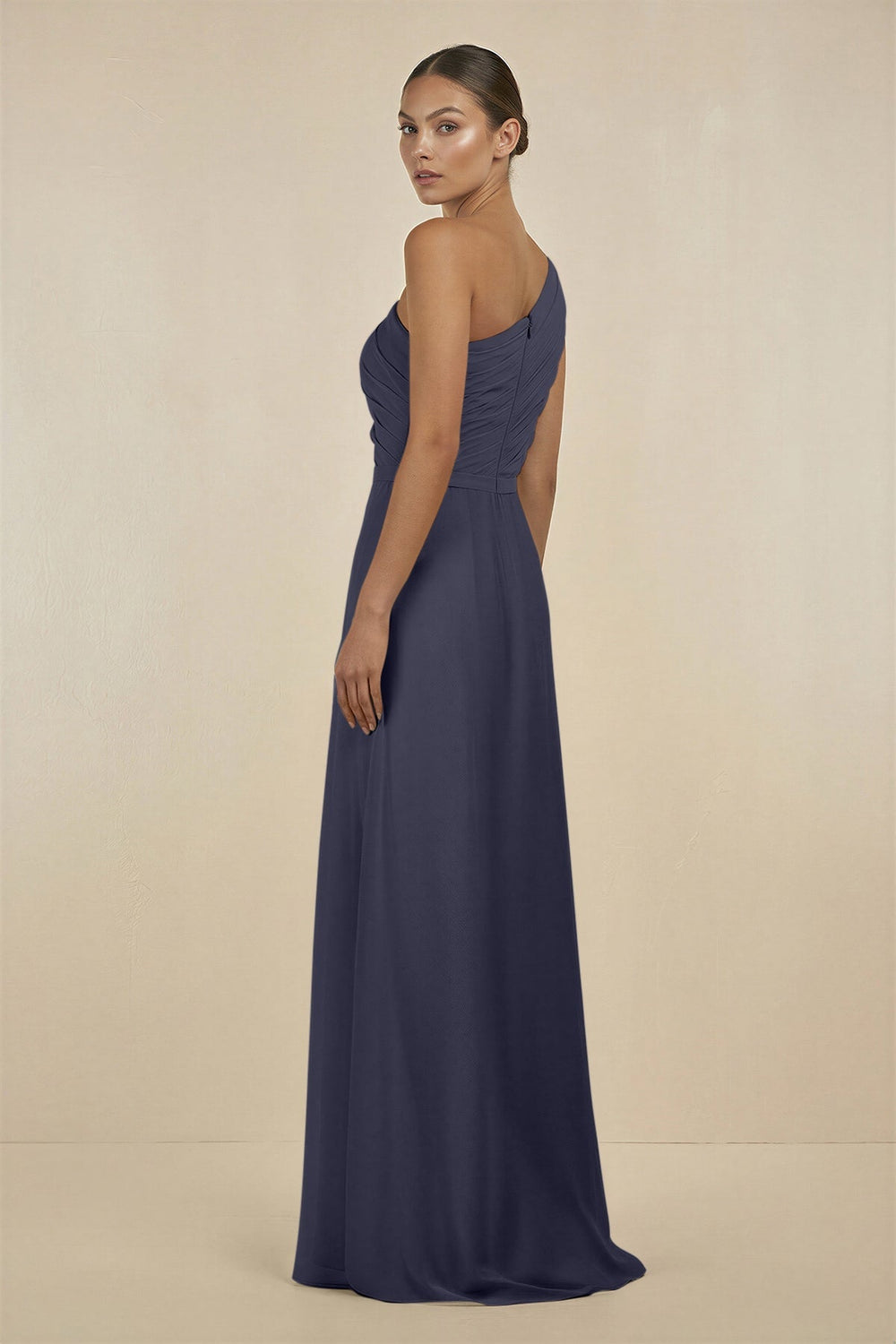 Ruffled One - Shoulder Pleated Sheath Bridesmaid Dress in Dusk Blue - KissProm Bridesmaid Dresses