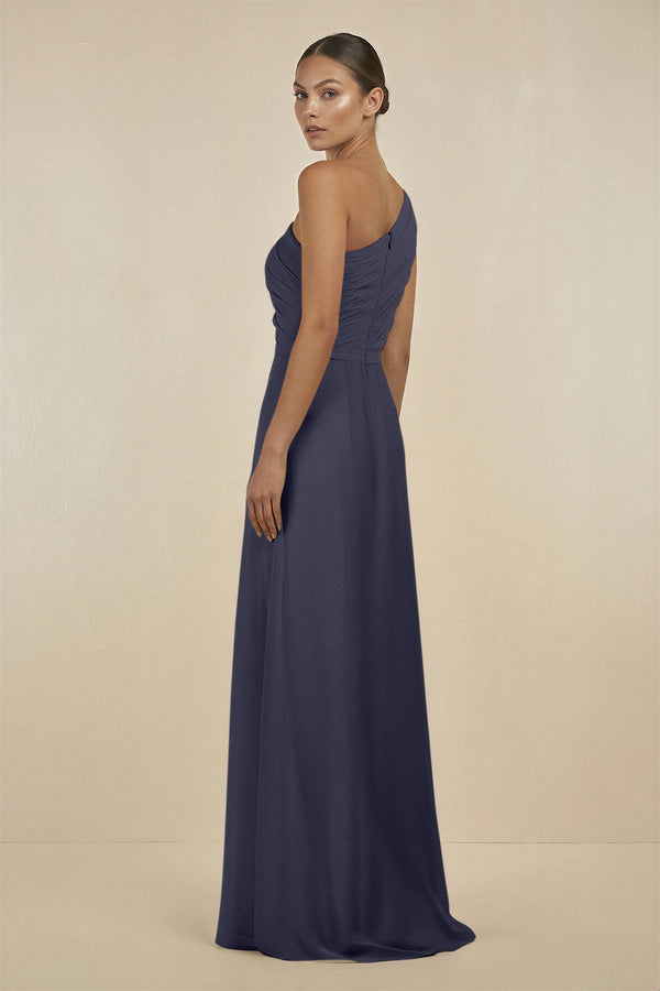 Ruffled One - Shoulder Pleated Sheath Bridesmaid Dress in Dusk Blue - KissProm Bridesmaid Dresses