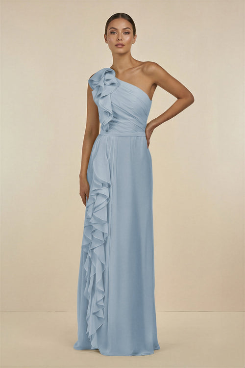 KissProm Ruffled One-Shoulder Pleated Sheath Bridesmaid Dress in Dusty Blue, Dusty Blue / 20