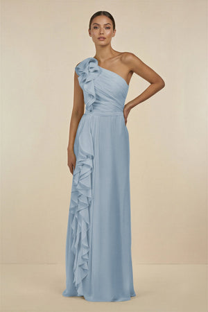 Ruffled One - Shoulder Pleated Sheath Bridesmaid Dress in Dusty Blue - KissProm Bridesmaid Dresses