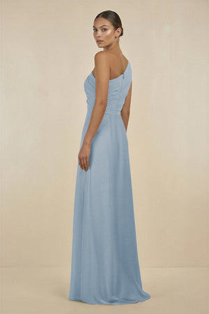 Ruffled One - Shoulder Pleated Sheath Bridesmaid Dress in Dusty Blue - KissProm Bridesmaid Dresses