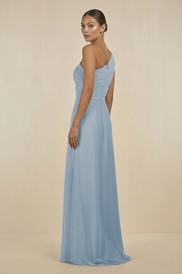 Ruffled One - Shoulder Pleated Sheath Bridesmaid Dress in Dusty Blue - KissProm Bridesmaid Dresses