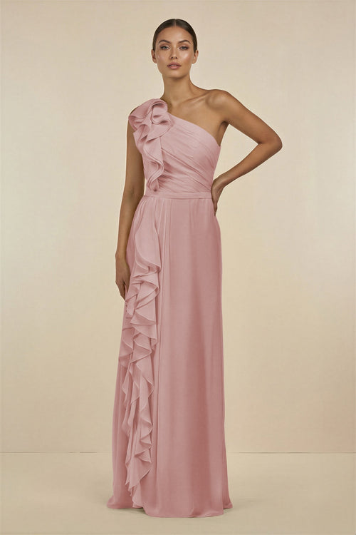 KissProm Ruffled One-Shoulder Pleated Sheath Bridesmaid Dress in Dusty Rose, Dusty Rose / 30