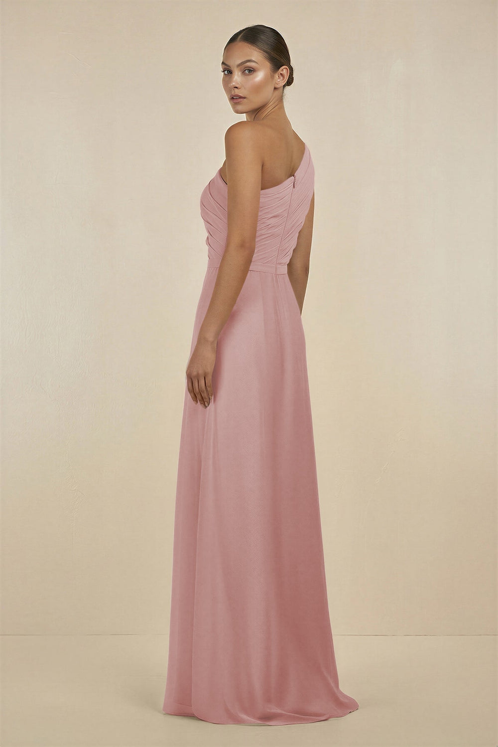 Ruffled One - Shoulder Pleated Sheath Bridesmaid Dress in Dusty Rose - KissProm Bridesmaid Dresses