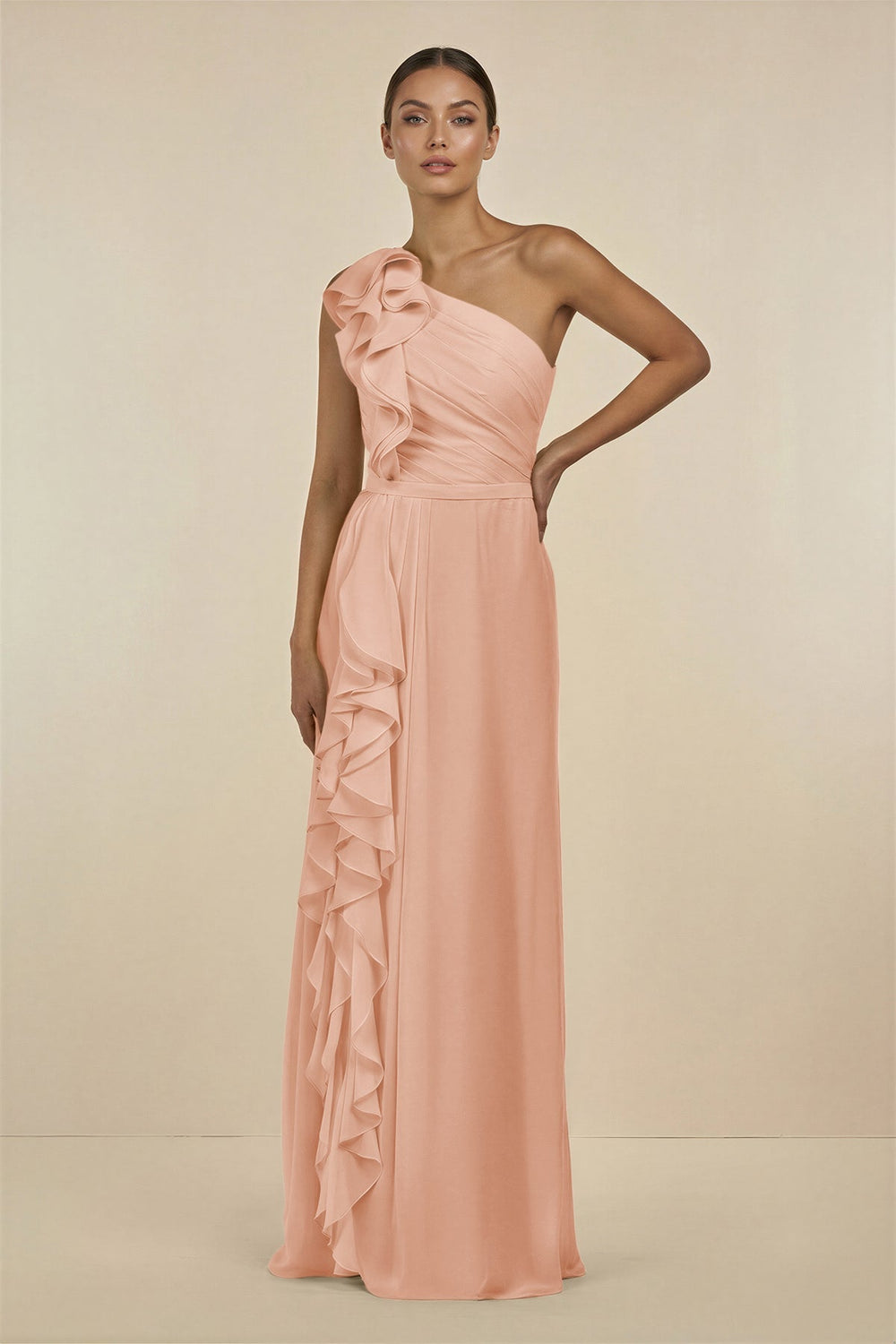 Ruffled One - Shoulder Pleated Sheath Bridesmaid Dress in English Rose - KissProm Bridesmaid Dresses