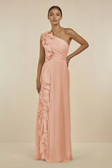 Ruffled One - Shoulder Pleated Sheath Bridesmaid Dress in English Rose - KissProm Bridesmaid Dresses