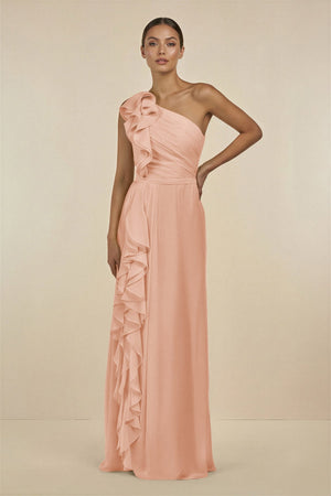 Ruffled One - Shoulder Pleated Sheath Bridesmaid Dress in English Rose - KissProm Bridesmaid Dresses