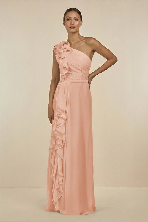 Ruffled One - Shoulder Pleated Sheath Bridesmaid Dress in English Rose - KissProm Bridesmaid Dresses