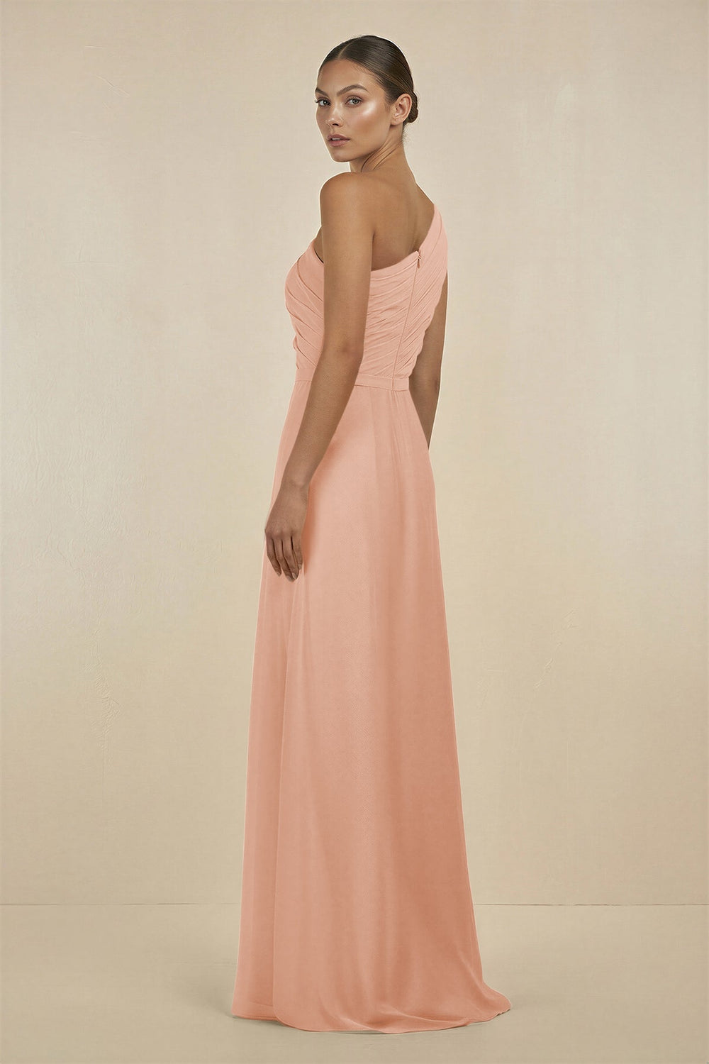 Ruffled One - Shoulder Pleated Sheath Bridesmaid Dress in English Rose - KissProm Bridesmaid Dresses