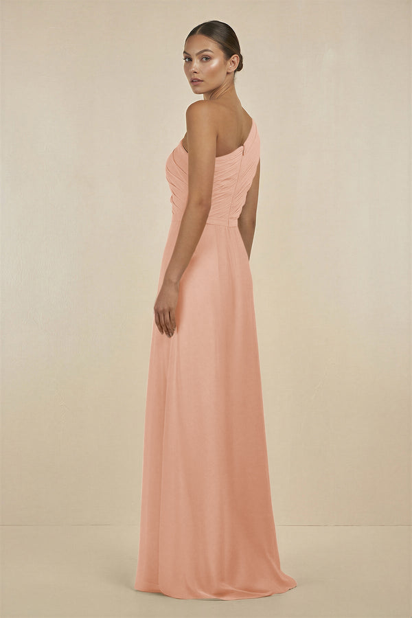 Ruffled One - Shoulder Pleated Sheath Bridesmaid Dress in English Rose - KissProm Bridesmaid Dresses