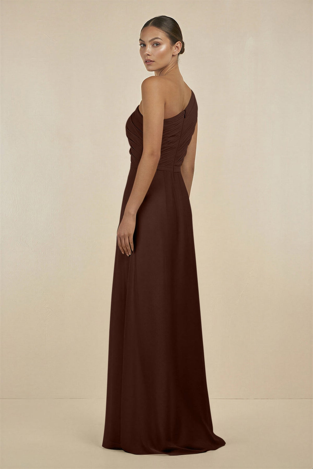Ruffled One - Shoulder Pleated Sheath Bridesmaid Dress in Espresso - KissProm Bridesmaid Dresses