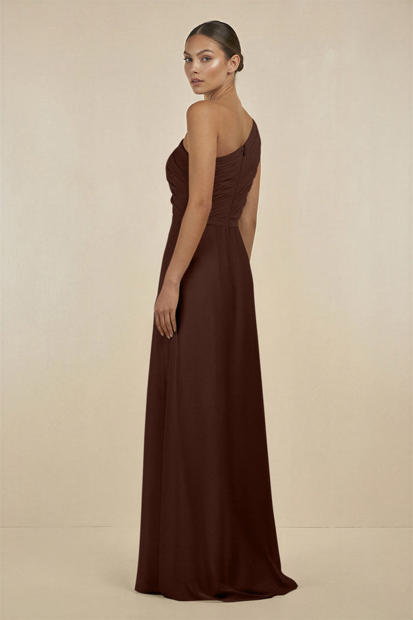 Ruffled One - Shoulder Pleated Sheath Bridesmaid Dress in Espresso - KissProm Bridesmaid Dresses